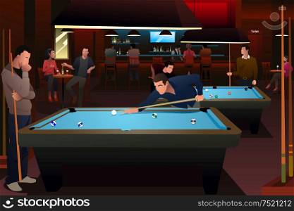 A vector illustration of people playing billiard