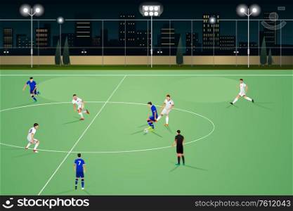 A vector illustration of People Playing Soccer at Night