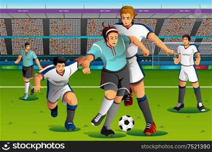 A vector illustration of people playing soccer in the competition for sport competition series