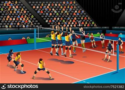 A vector illustration of people playing volleyball in the competition for sport competition series