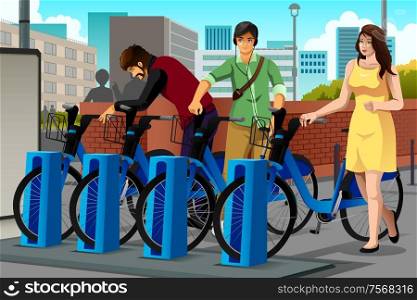 A vector illustration of people renting a bike in the city