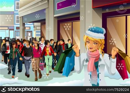 A vector illustration of people shopping for Christmas during the winter season