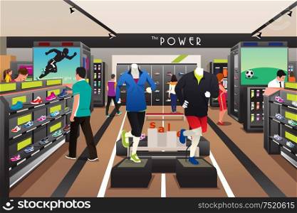 A vector illustration of people shopping for shoes in a sporting store