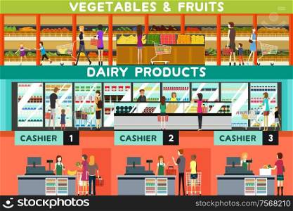 A vector illustration of people shopping in a grocery store