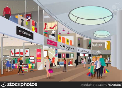 A vector illustration of people shopping in a mall