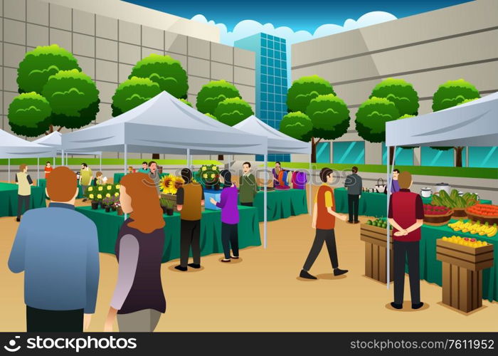 A vector illustration of People Shopping in Farmers Market