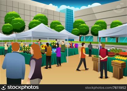A vector illustration of People Shopping in Farmers Market