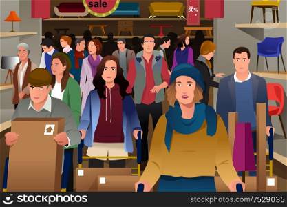 A vector illustration of people shopping on black friday in grocery