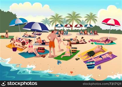 A vector illustration of people sunbathing on the beach