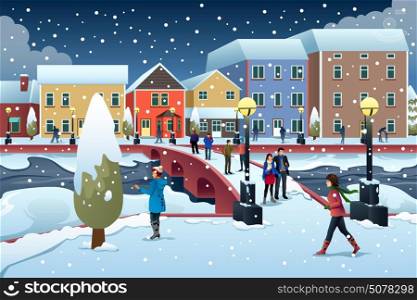 A vector illustration of People Walking in Town During Winter
