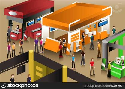 A vector illustration of peoples looking at an exhibition booths