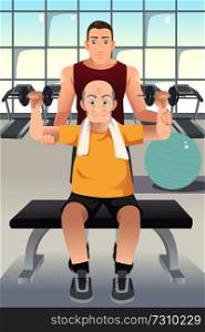 A vector illustration of personal trainer training an elderly man in the gym