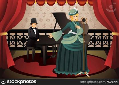 A vector illustration of pianist and singer performing on stage