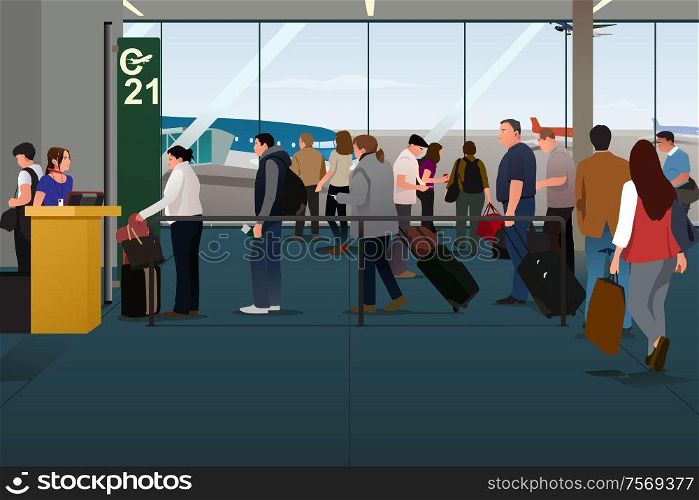 A vector illustration of Plane Passengers Boarding the Plane on the Departure Gate