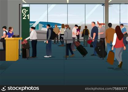 A vector illustration of Plane Passengers Boarding the Plane on the Departure Gate