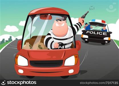 A vector illustration of police chasing criminals in a car on the highway