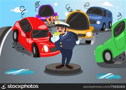 A vector illustration of police officer directs traffic on a busy city