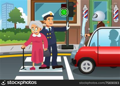 A vector illustration of policeman helping senior lady crossing the street