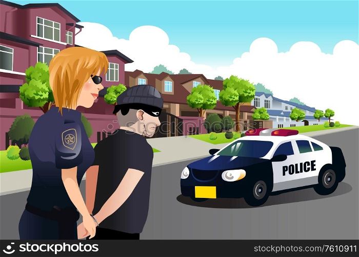 A vector illustration of Policewoman Arresting a Criminal