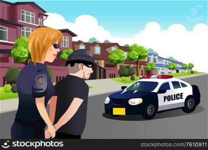 A vector illustration of Policewoman Arresting a Criminal
