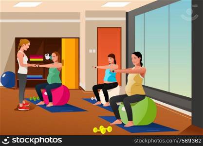 A vector illustration of pregnant women with exercise balls in gym