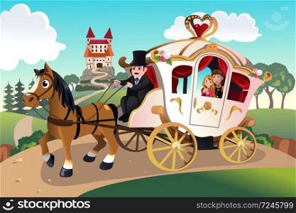 A vector illustration of prince and princess in a horse pulled wagon