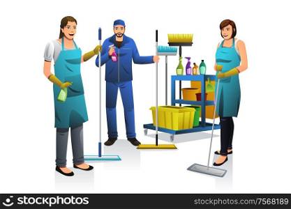 A vector illustration of professional cleaner people with janitor cart