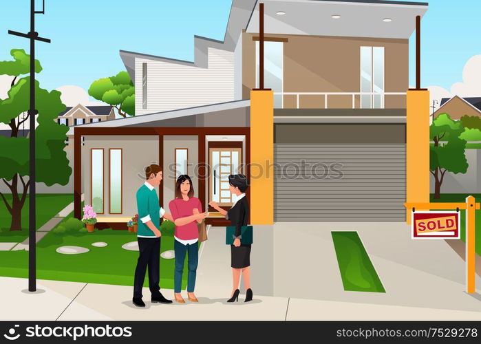 A vector illustration of real estate agent handing the key to a couple