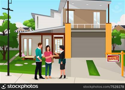 A vector illustration of real estate agent handing the key to a couple