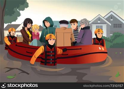 A vector illustration of rescue team helping people by pushing a boat through a flooded road