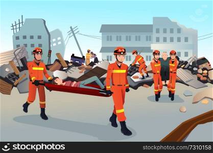 A vector illustration of rescue teams searching through the destroyed buildings during the earthquake