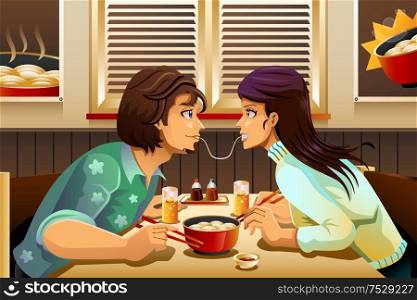 A vector illustration of romantic couple eating noodle together