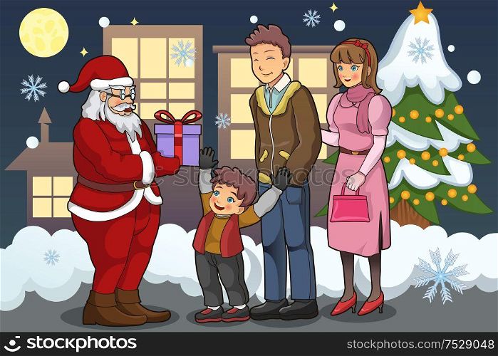 A vector illustration of Santa Claus giving out Christmas presents to a boy