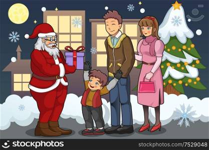 A vector illustration of Santa Claus giving out Christmas presents to a boy