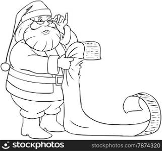A vector illustration of Santa Claus holding and reading from his Christmas list of good and bad children.&#xA;