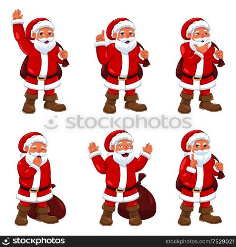 A vector illustration of Santa Claus in different expressions