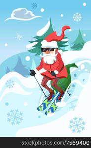 A vector illustration of Santa Claus riding a snowboard delivering toys