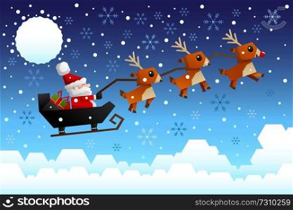 A vector illustration of Santa Claus riding the sleigh pulled by reindeers in the middle of winter night