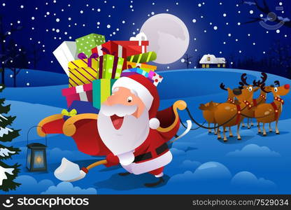 A vector illustration of Santa Claus with sleigh shoveling snow