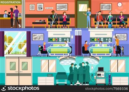 A vector illustration of Scenes at the Hospital Emergency Room and Surgery Room