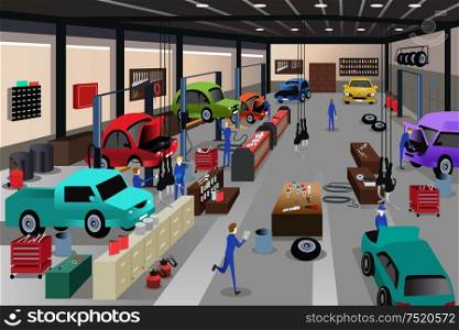 A vector illustration of scenes in an auto repair shop