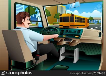 A vector illustration of School Bus Driver Driving a Bus
