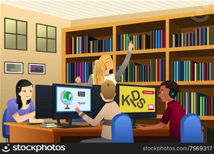 A vector illustration of School Kids Using Computers in the Library