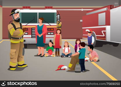 A vector illustration of school kids visiting a fire station for education concept