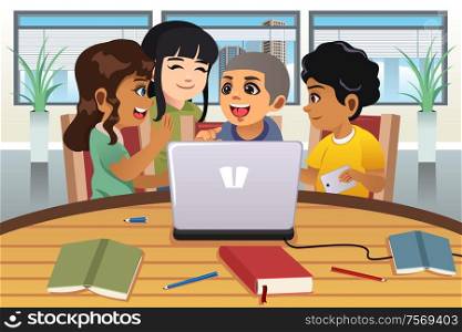A vector illustration of School Kids Working Around a Laptop Computer