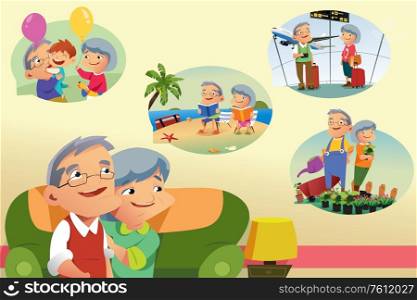 A vector illustration of Senior Couple Thinking About Retirement Activities