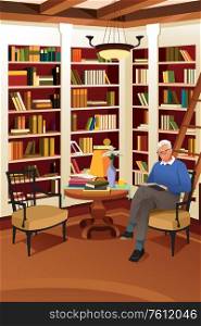 A vector illustration of Senior Man Reading a Book in the Library