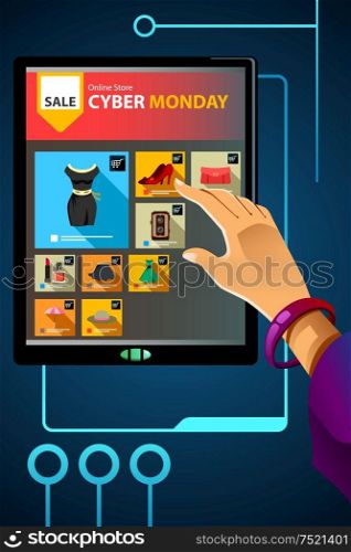 A vector illustration of shopping online for cyber Monday sale