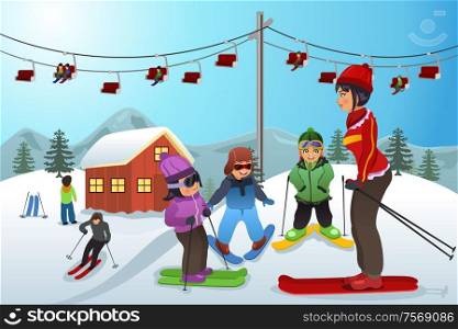A vector illustration of ski instructor teaching children how to ski