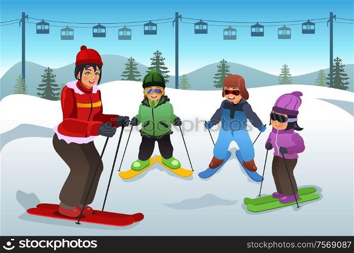 A vector illustration of ski instructor teaching children how to ski